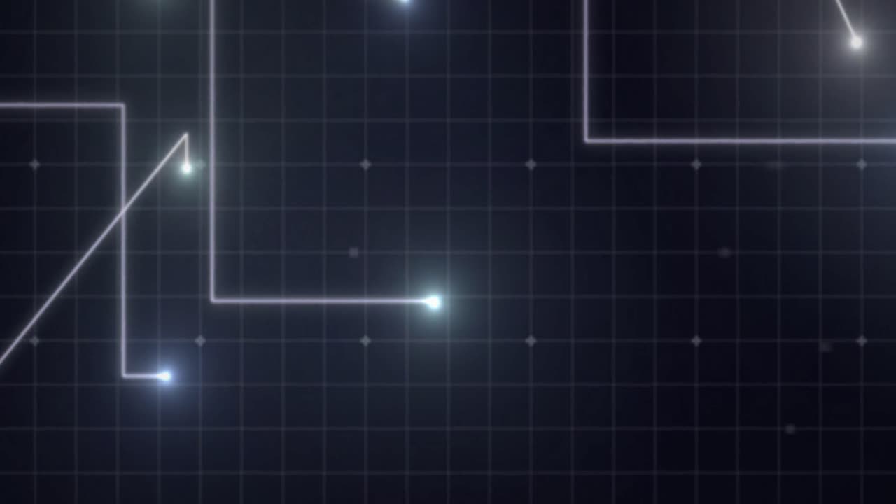 보라색 배경에 그리드에서 움직이는 빛의 흔적과 함께 빛나는  ⁇  점의 애니메이션