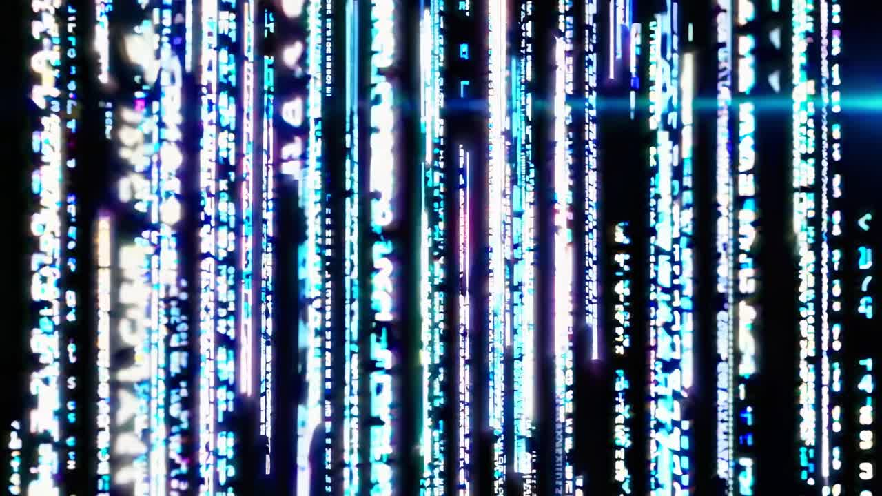 Futuristic digital code streams vertically, reminiscent of sci-fi video aesthetics