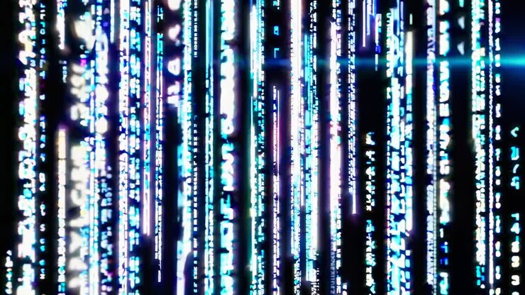 Futuristic digital code streams vertically, reminiscent of sci-fi video aesthetics