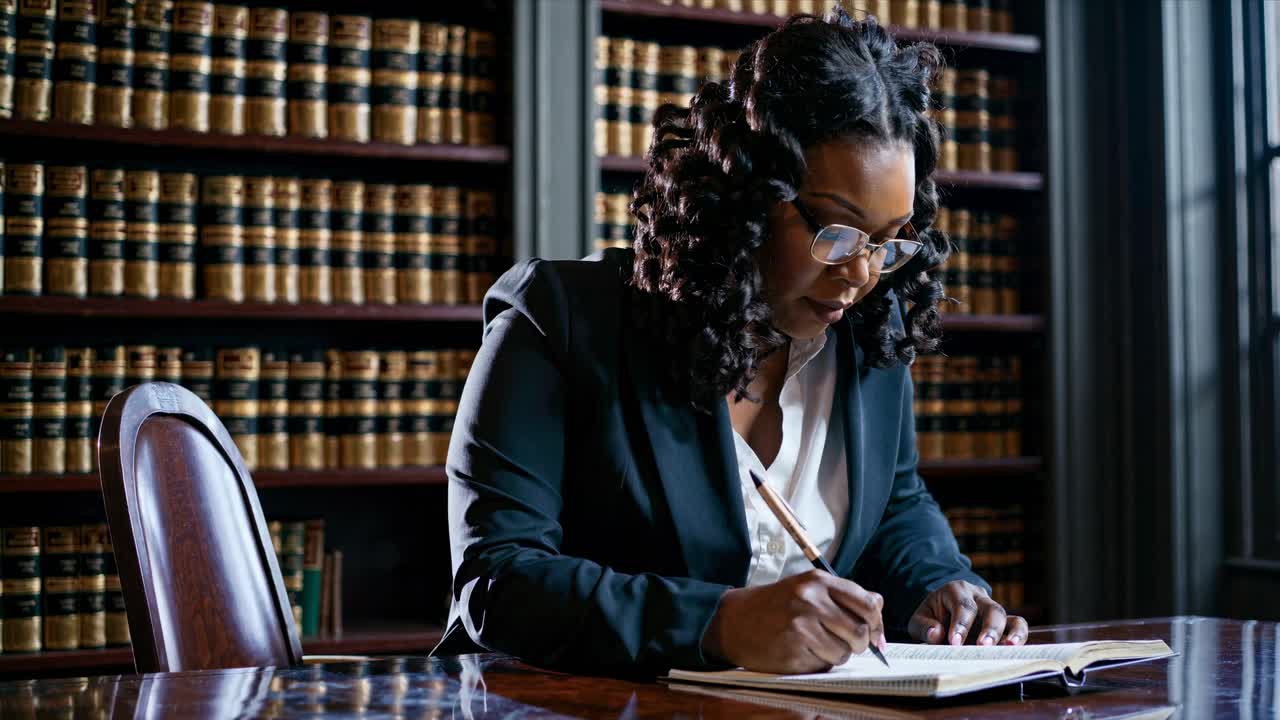A professional woman writes at a desk in a law library. The video captures a side angle