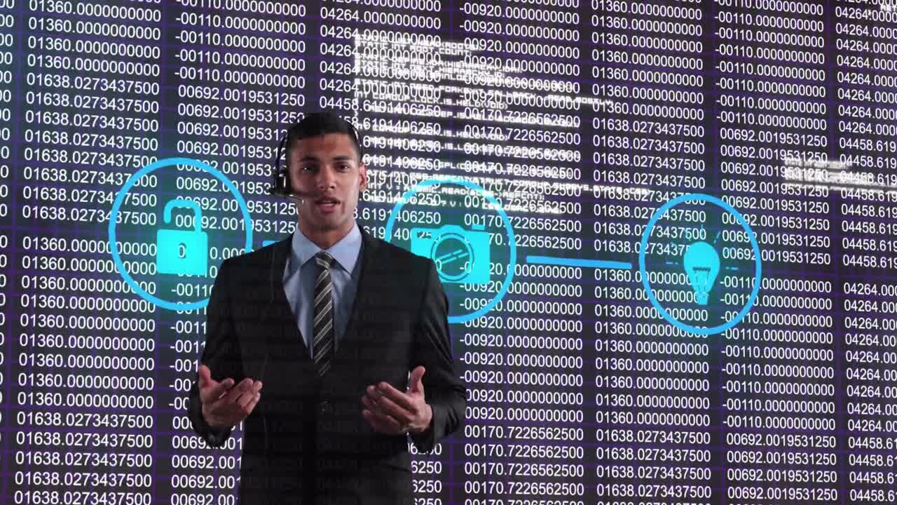 hombre de negocios hablando por teléfono con auriculares contra la red de iconos de conexión y procesamiento de datos