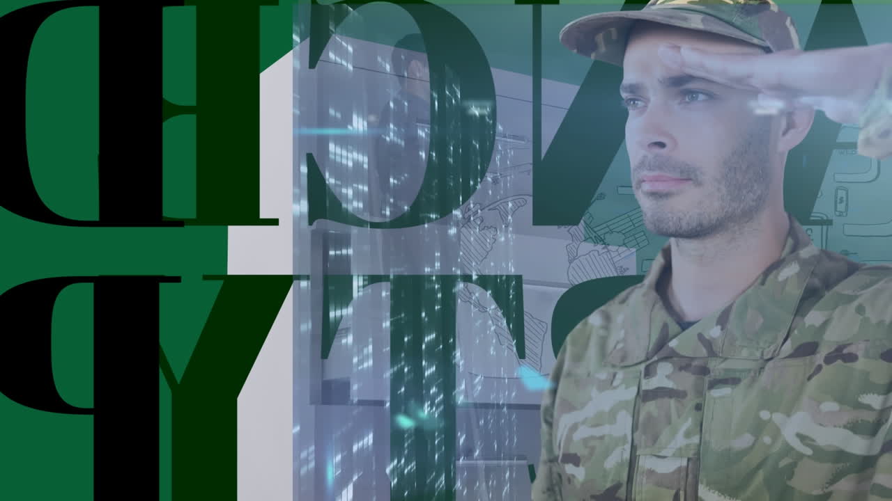 animación de soldado caucásico sobre texto en fondo verde
