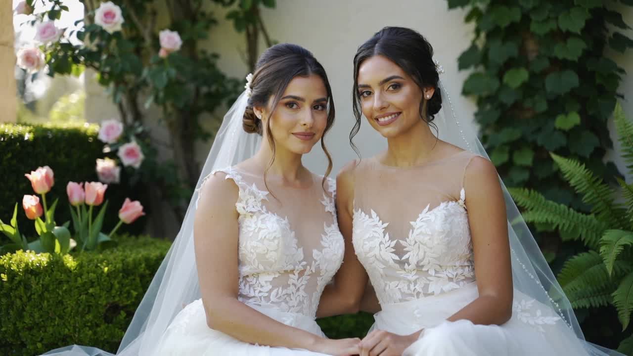 Des mariées souriantes en robes de dentelle et voiles penchent la tête et se tiennent la main dans un jardin alors que la caméra commence à filmer.