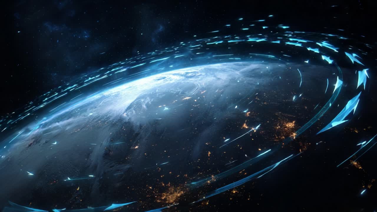 Sci fi animation showing glowing data streams and information particles orbiting a spinning planet Earth at night, visualizing concepts of global networking, communication, and technology