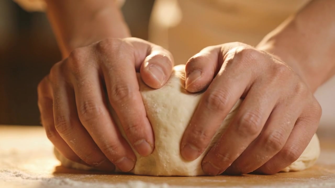 Mani che impastano, piegano e pizzicano l'impasto sul bancone della cucina, formando una palla da cuocere.