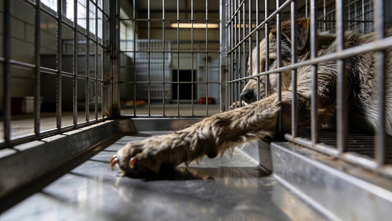 Liggande tass genom burstänger, hunden sträcker ut tassen längs burbrickan och visar klor, med utrymme för text.