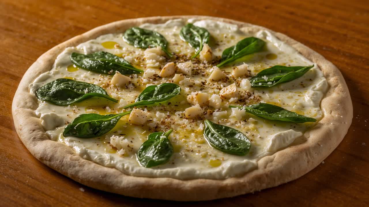Inizio ripresa, la camera zooma sulla pizza su un tavolo di legno, mostrando ricotta e spinaci per rivelarne la consistenza