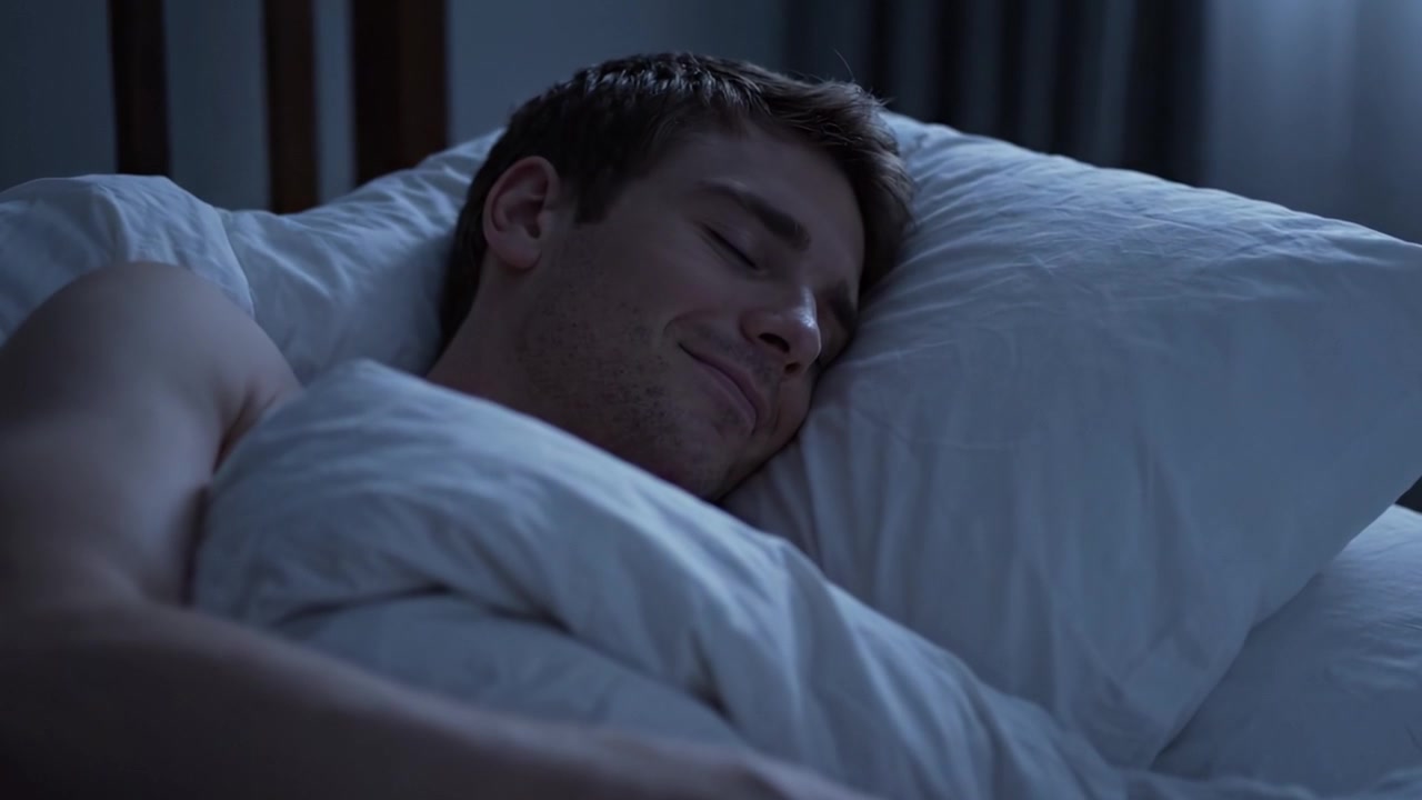 Un sonno notturno tranquillo: catturare la serenità del riposo mentre un giovane uomo dorme comodamente a letto, avvolto da morbidi cuscini e coperte accoglienti.