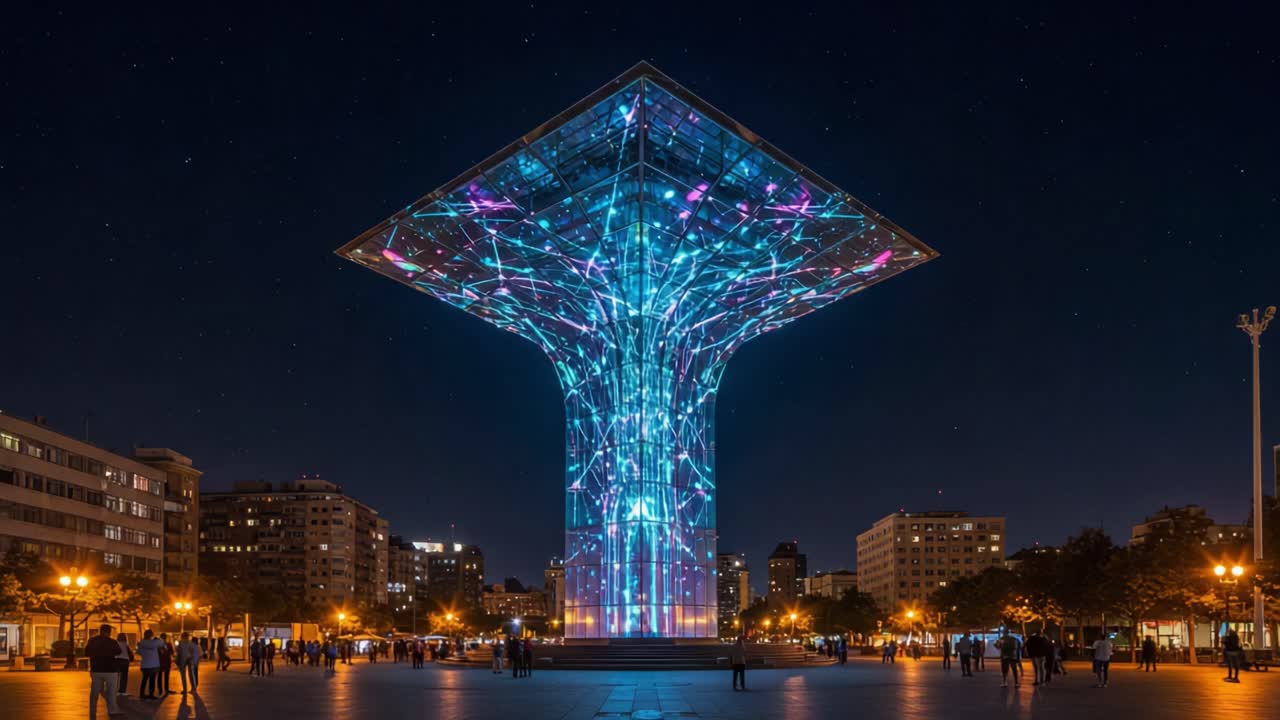 A Mesmerizing Night Display of Light and Color: Illuminated Structure Captivates Crowds in a Vibrant Urban Landscape