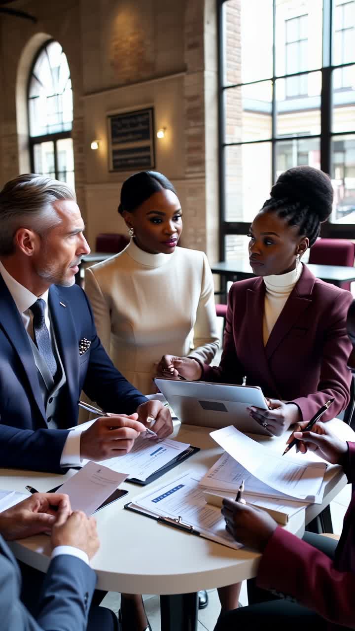 Diverse team of businessperson collaborating in a cafe.