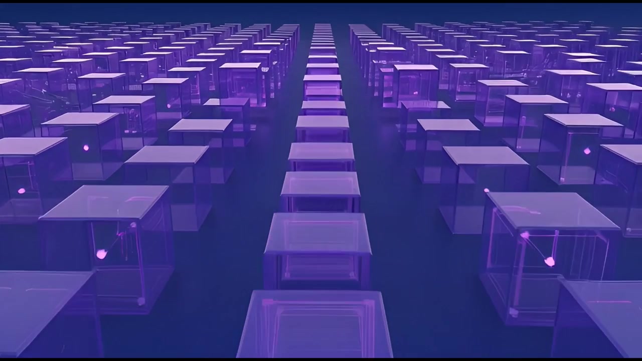 Abstract Animation of Glowing Purple Cubes Moving in a Grid