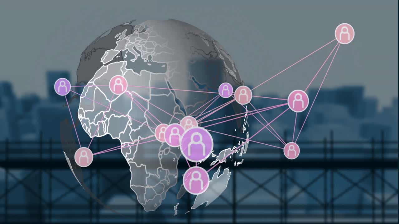 도시 풍경 위에 연결 및 아이콘의 네트워크와 함께 지구의 애니메이션