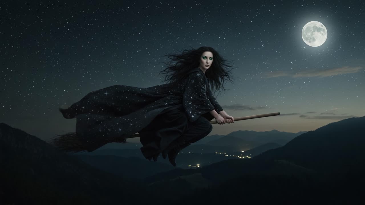 A Mysterious Sorceress Soars Through a Starry Night Sky on Her Broomstick, Illuminated by the Bright Full Moon and Glimmering Stars, Captivating the Enchantment of Flight