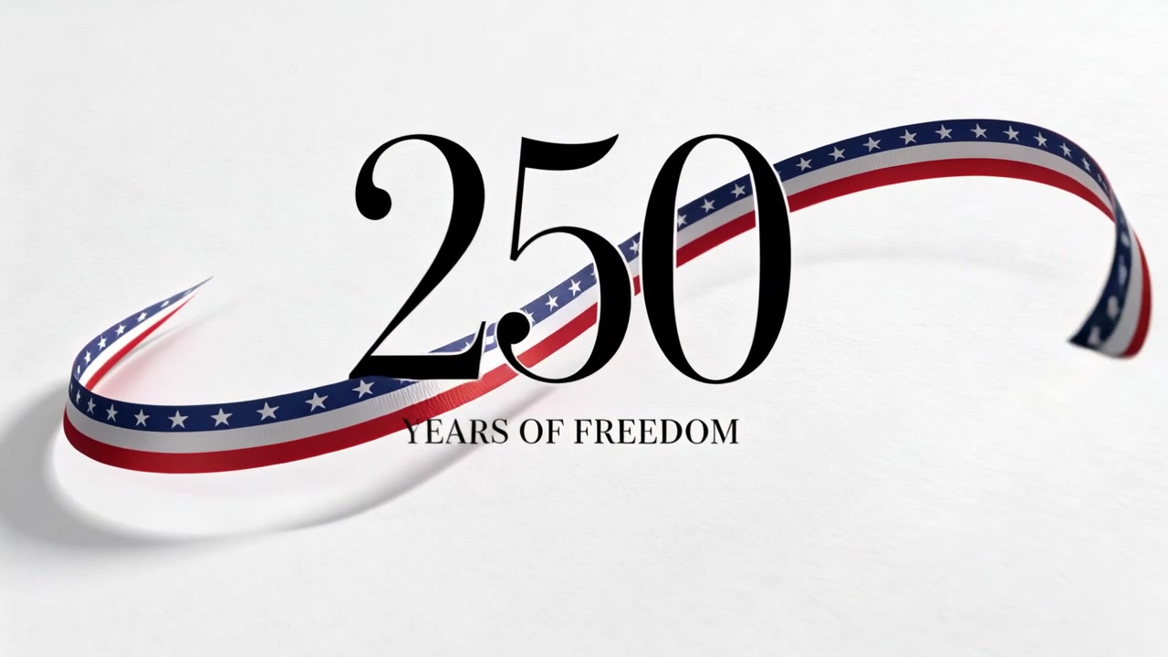 Animazione di un nastro con bandiera USA che si intreccia attraverso il numero 250 in studio all'avvio, mostrando ANNI DI LIBERTÀ