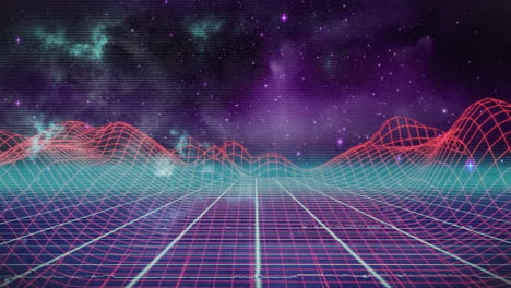 retro grid landscape with neon lines and starry sky animation