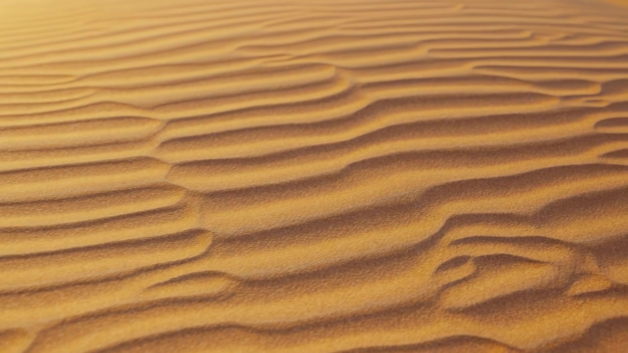 Primo piano di sabbia del deserto increspata e modellata dal vento, con ombre morbide e luce solare dorata che creano una texture naturale e calma su tutta l'inquadratura.