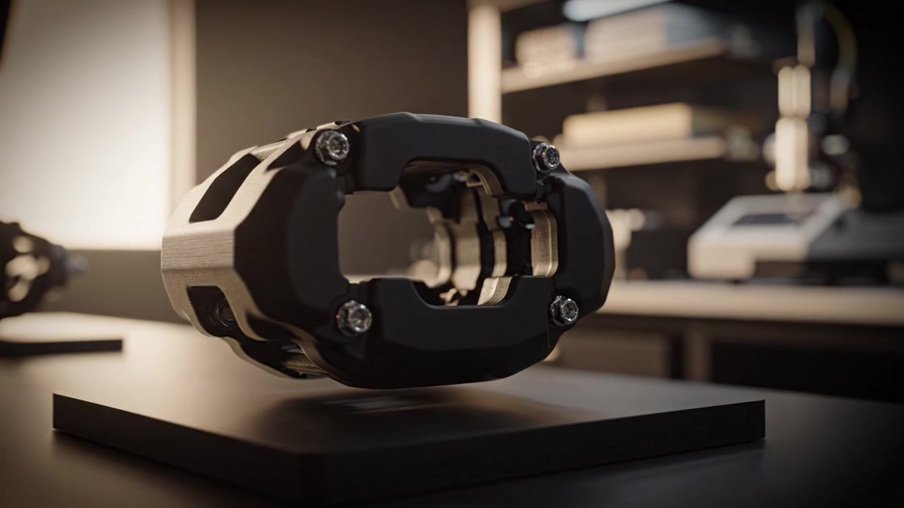 Detailní záběr high-tech mechanické součástky vystavené na stojanu s moderním průmyslovým pozadím, zdůrazňující její design a detaily