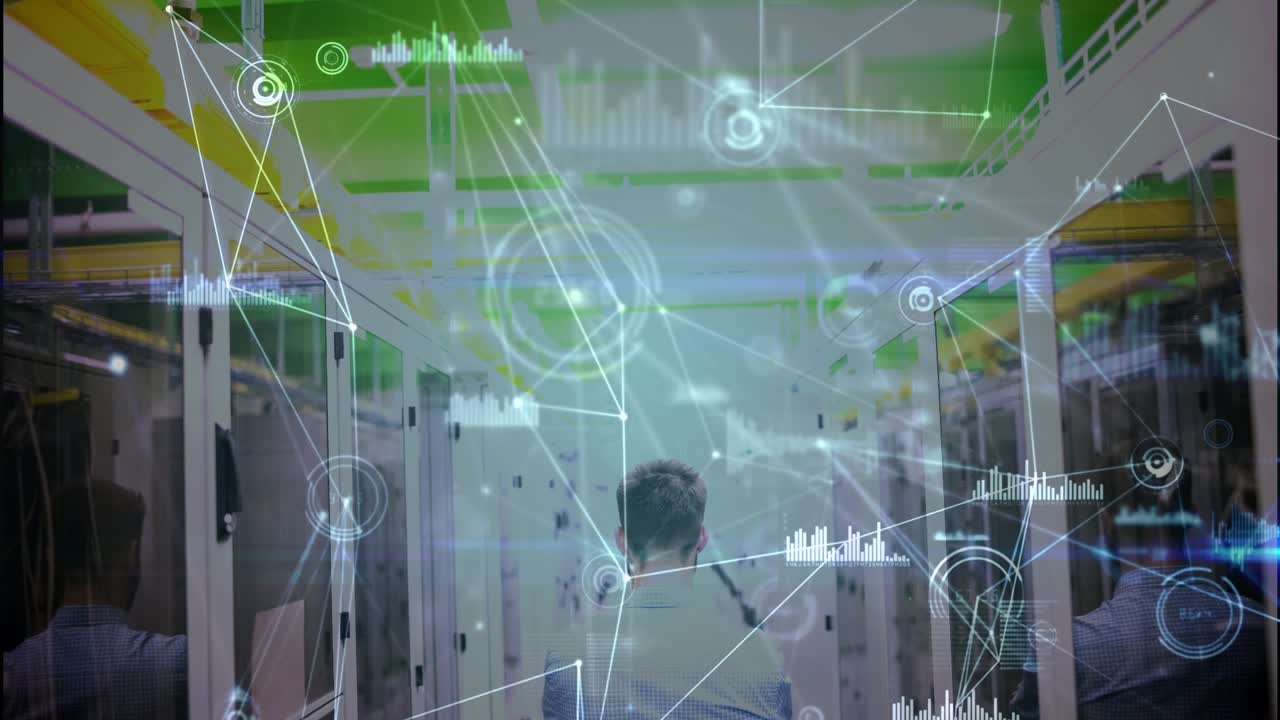 Animation of network of connections with icons over servers