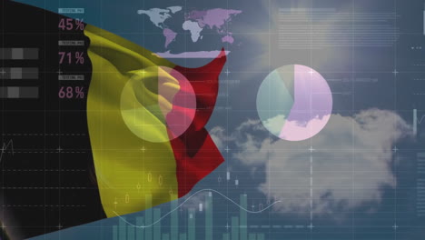 animation of financial data processing over flag of belgium