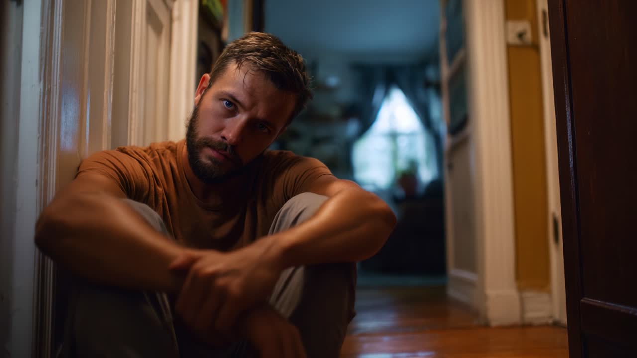 A Contemplative Moment: A Man Sits in a Hallway, Reflecting on Life's Challenges with a Pensive Expression in an Intimate Indoor Setting