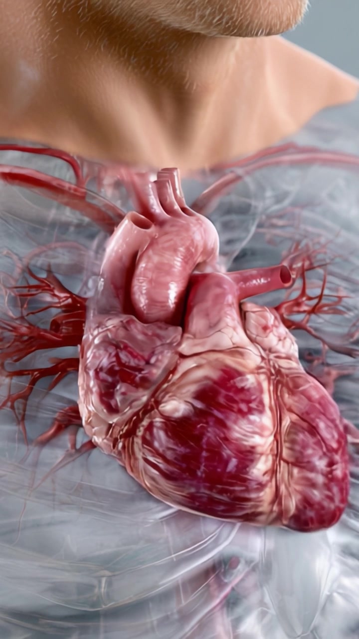 Visualizzazione anatomica del cuore umano: prospettiva ravvicinata che mostra strutture intricate e vasi sanguigni essenziali per la funzione circolatoria.