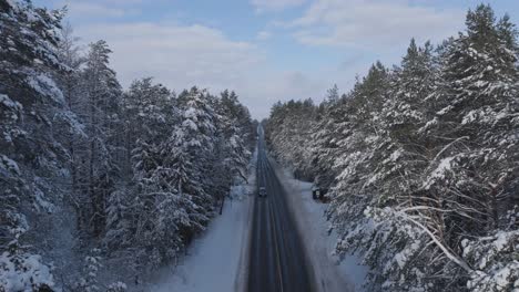 La-Vista-Desde-Un-Dron-Captura-El-Sereno-Viaje-De-Un-Vehículo-Por-Una-Carretera-Cubierta-De-Nieve-En-Medio-Del-Prístino-Paisaje-Del-Bosque-Báltico.