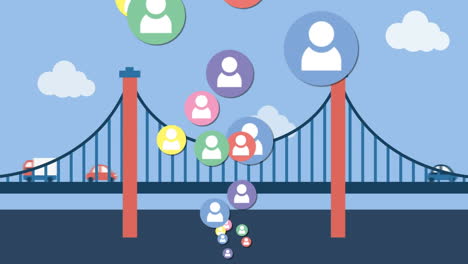 animation of rising colourful people icons, over traffic crossing bridge