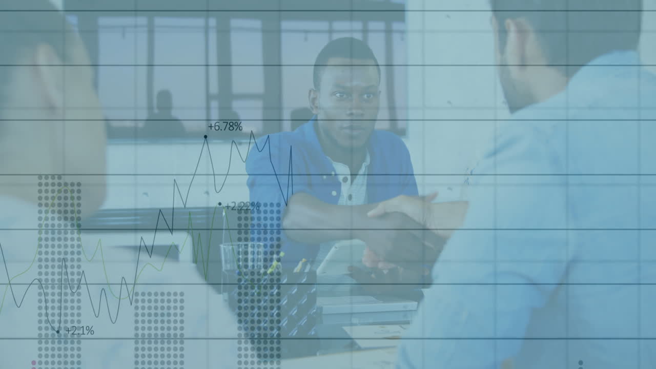 Animation of financial data processing over diverse business people in office
