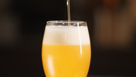 medium of craft beer being poured in to a goblet beer glass, dark background