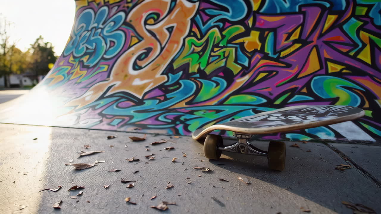 Skateboard at a Graffiti-Covered Skatepark