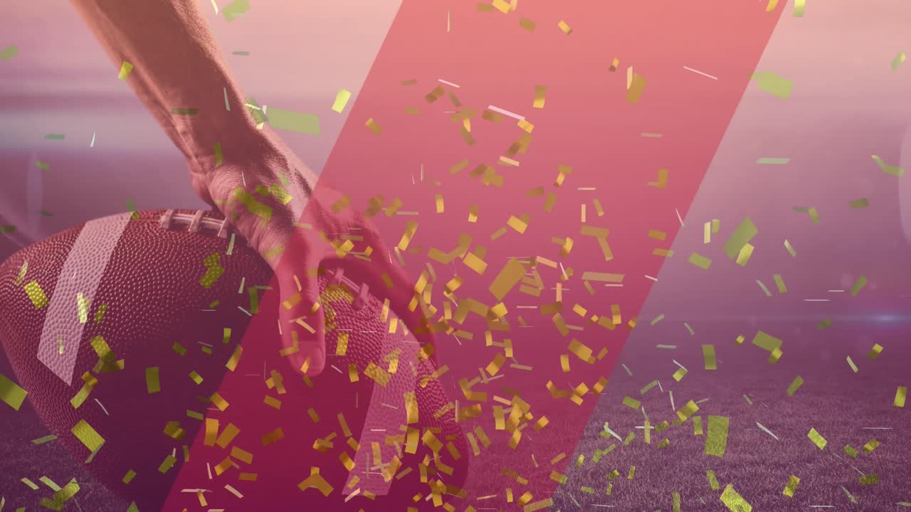 animación de confeti de oro cayendo con un jugador de fútbol americano caucásico con una pelota