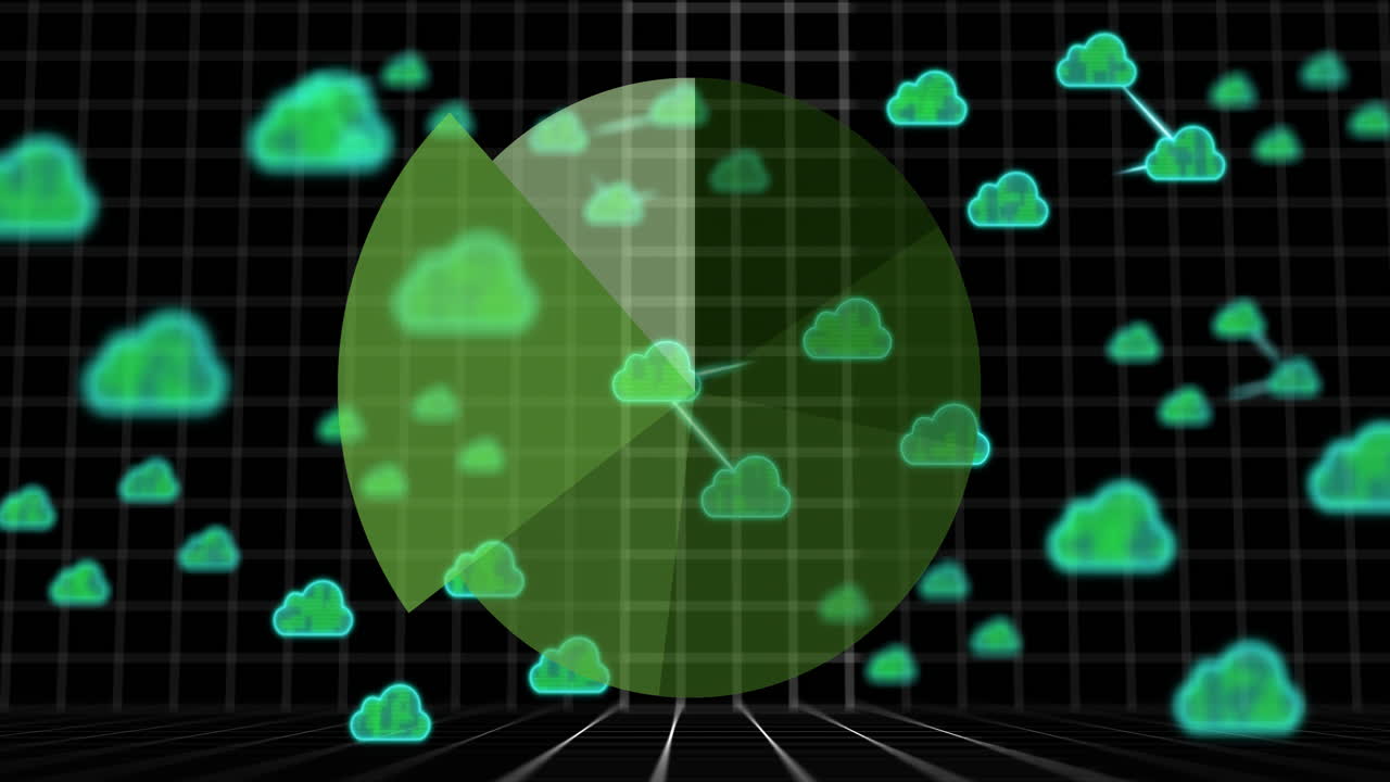 animación de radar verde con iconos de nubes sobre el fondo de la cuadrícula