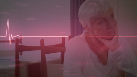animation of cardiograph over senior caucasian woman thinking
