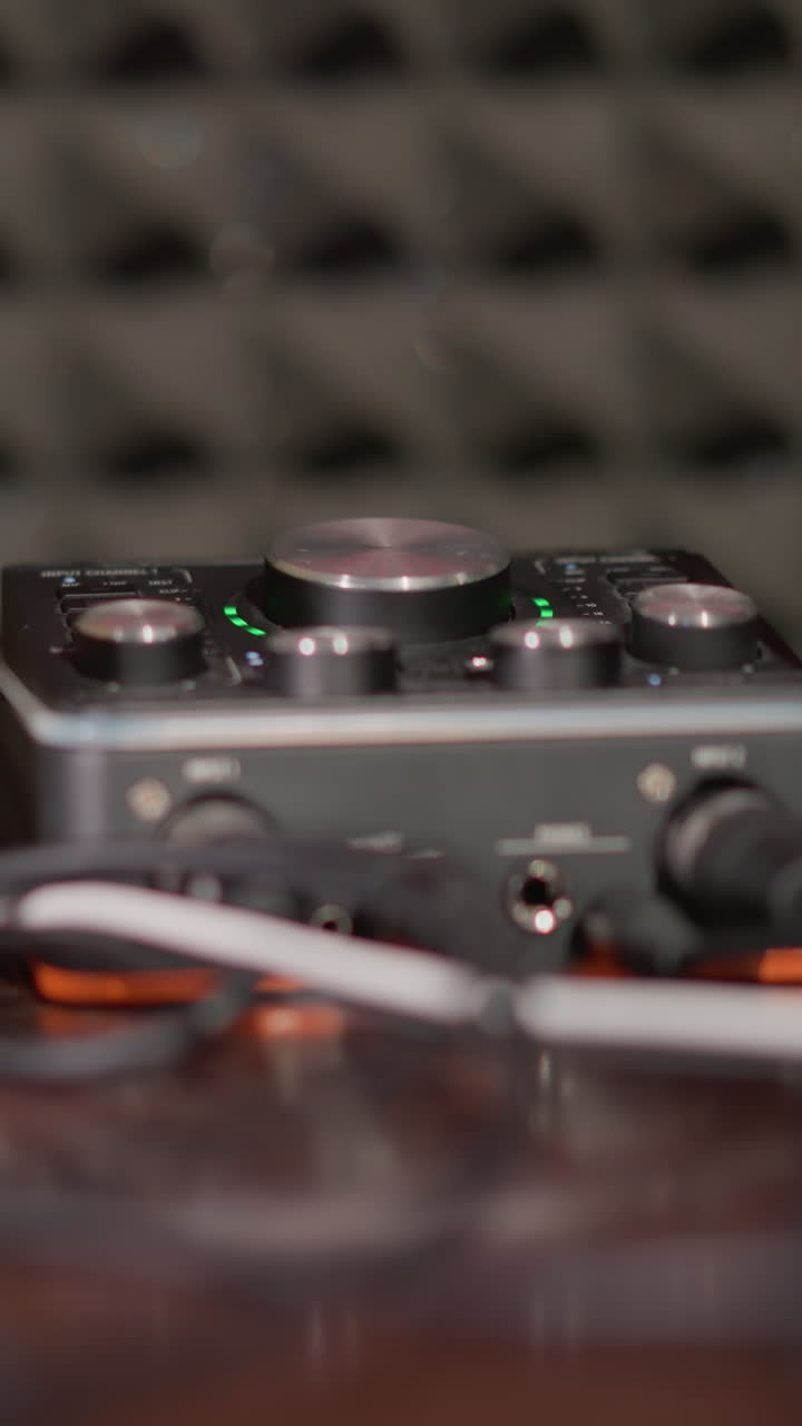 primer plano de un mezclador de sonido negro con diales y perillas, colocado en un escritorio en un estudio de grabación. un altavoz de monitor de estudio es parcialmente visible a la izquierda, con un fondo de espuma acústica