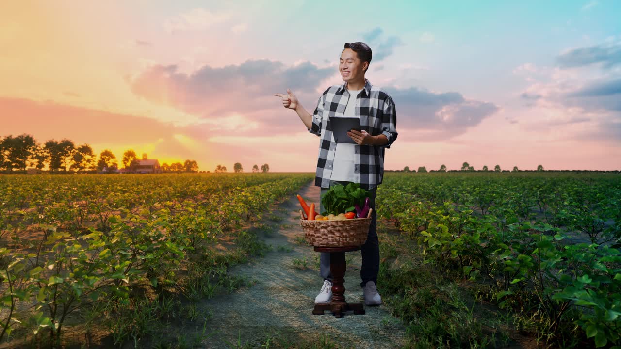 agricultor comprobando la cosecha de verduras con una tableta