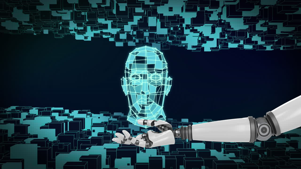 검은 바탕에 디지털 머리와 모양을 가진 로 ⁇  손의 애니메이션