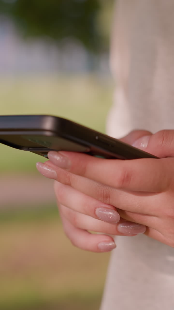 primer plano de una persona sosteniendo un teléfono inteligente con uñas pulidas, escribiendo atentamente mientras las sombras caen suavemente sobre su ropa de color claro, el fondo verde natural borroso