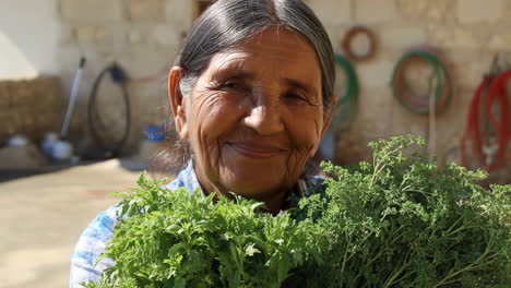 elderly woman smiling while holding freshly harvested greens