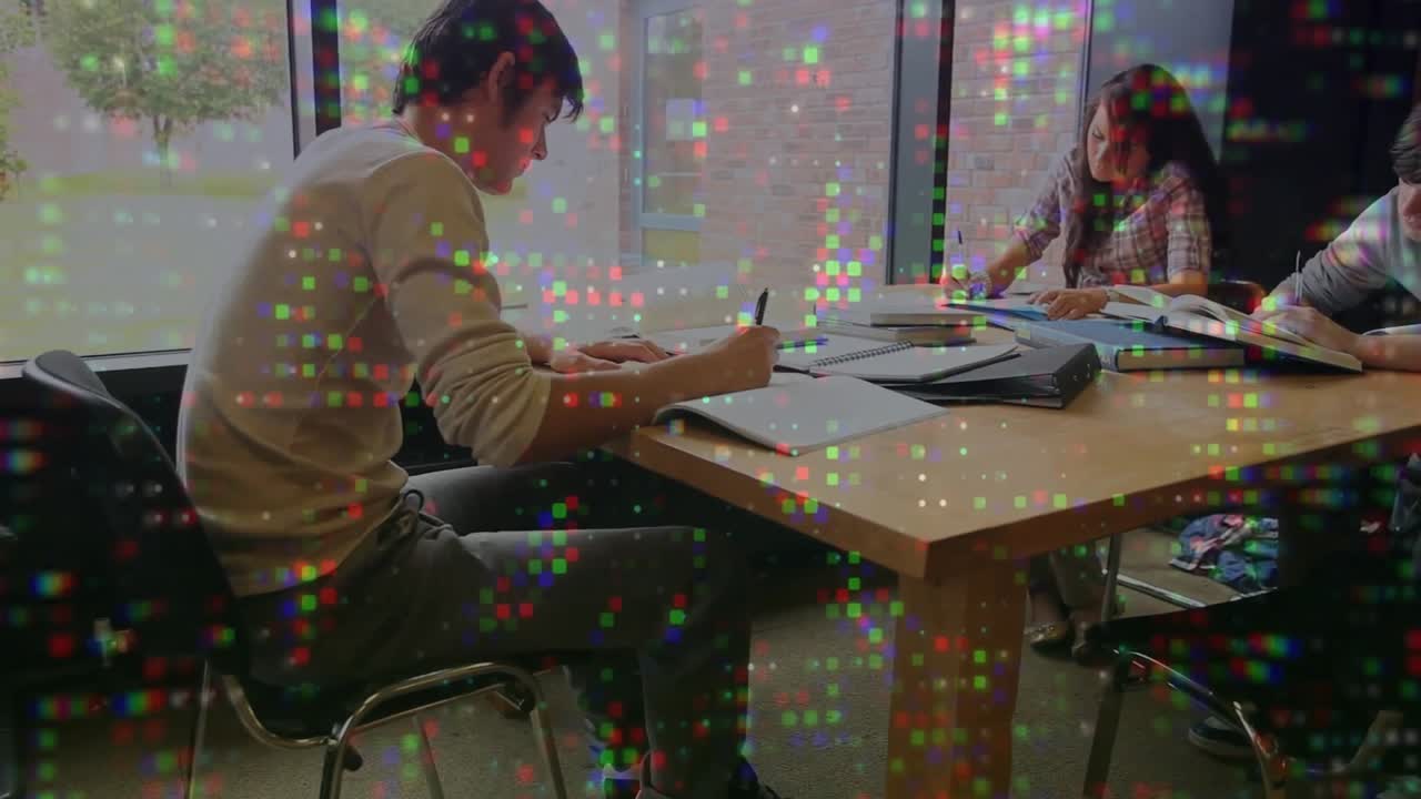 Digital glitch starting first second overlaying wooden table while three students taking notes