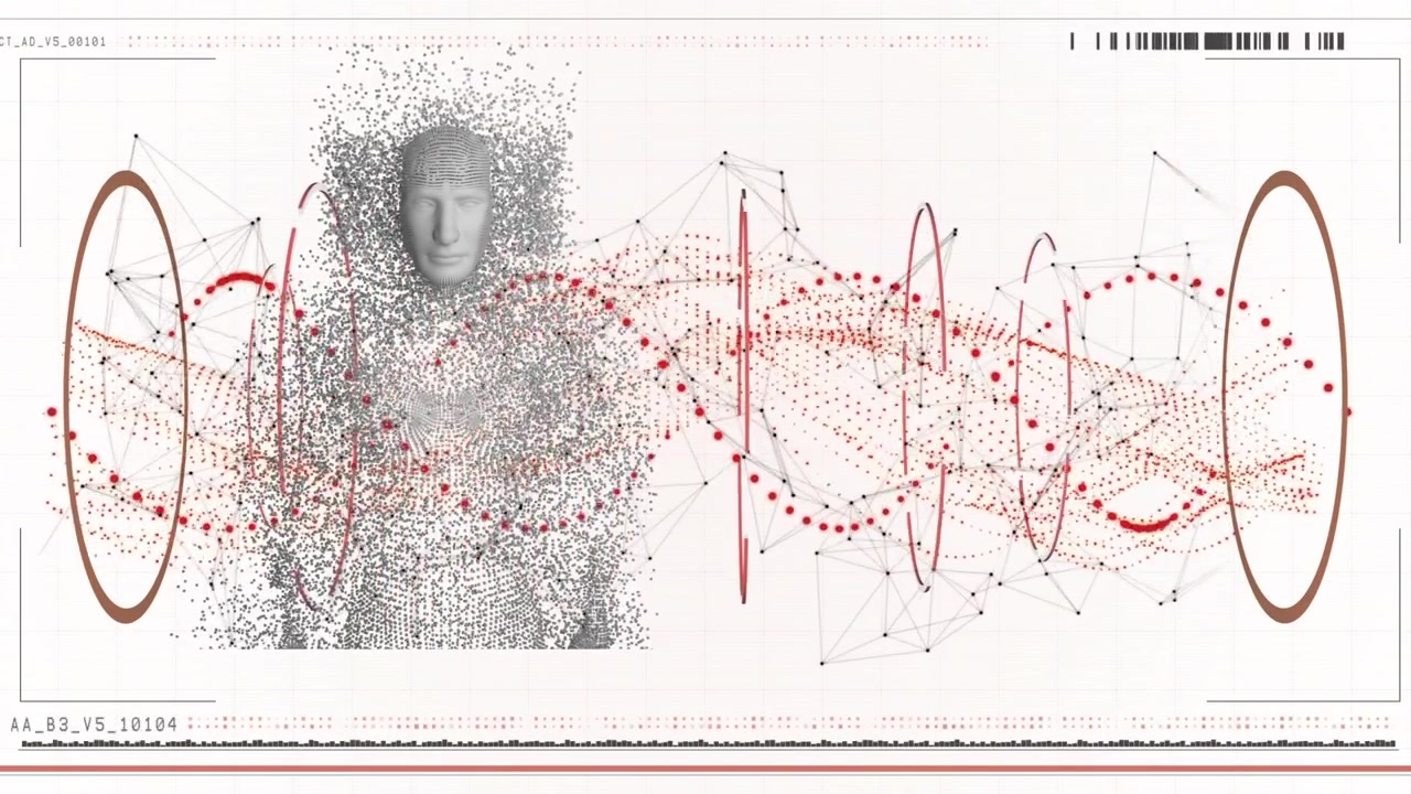 Animation of dna strand and data processing with human body formed with exploding particles