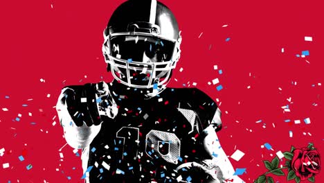 animation of confetti and roses over american football player on red background