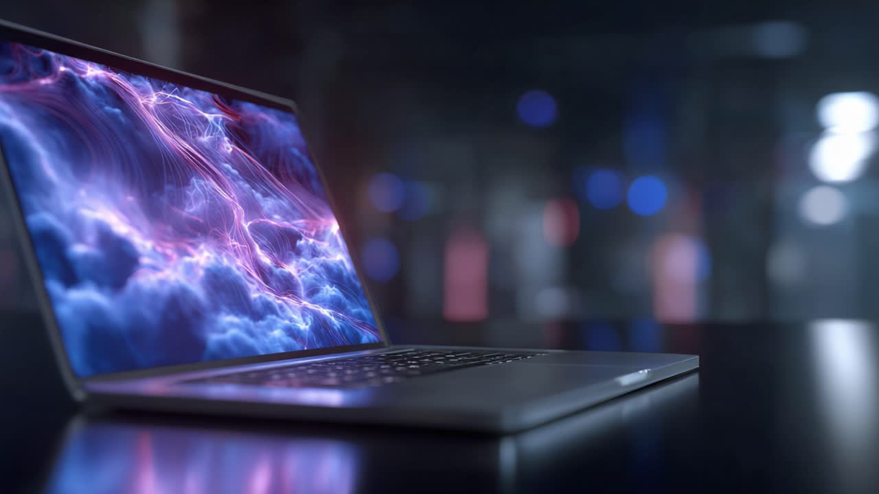 Futuristic laptop with vibrant, swirling abstract graphics displayed on the screen, set against a dark, blurred background creating a tech-inspired atmosphere