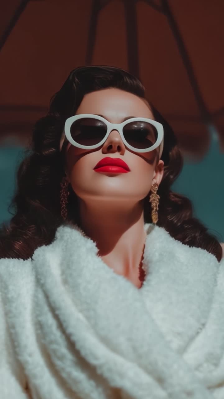 Elegant kvinde med retro solbriller poserer under en paraply, udstråler glamour og selvtillid i et smart outfit, fanger tidløs skønhed og stil
