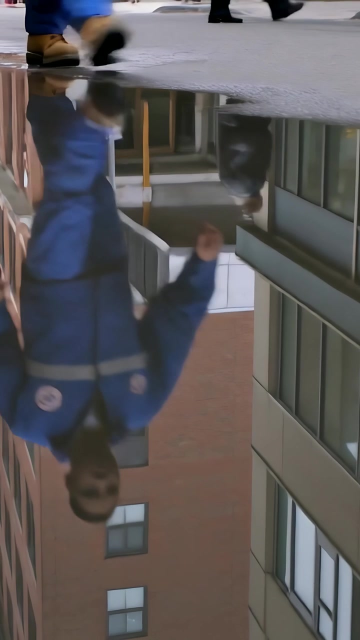 Video verticale: Pozzanghera increspata che riflette una persona con giacca blu che passa per continuare sul marciapiede
