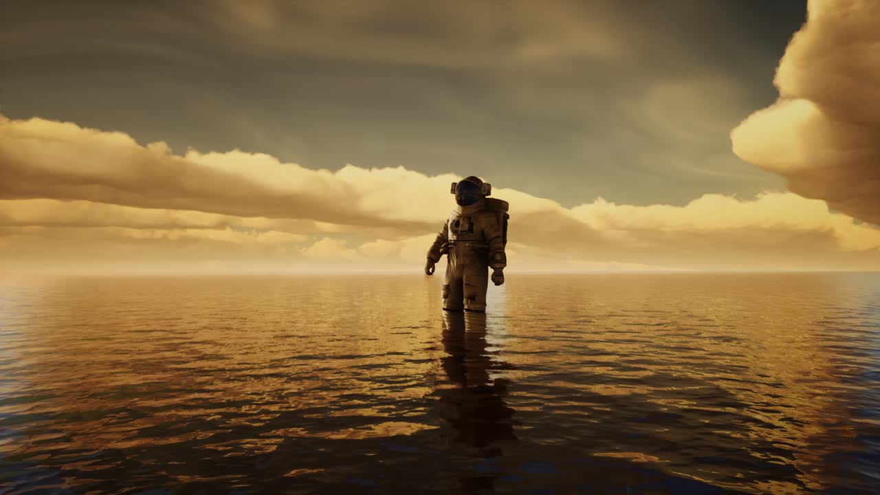 Spaceman in the sea under clouds at sunset