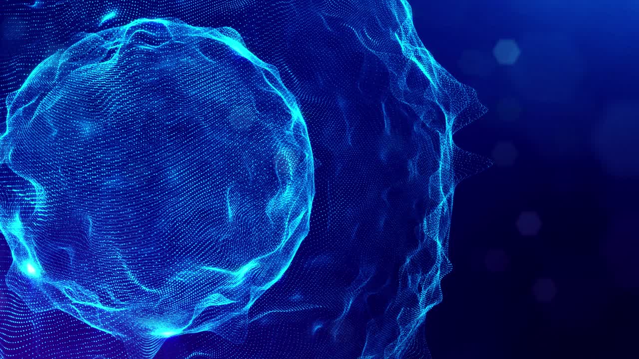 3d en bucle bg fondo de ciencia ficción espacio digital con esferas holográficas. campo azul de alta tecnología con partículas de brillo forman líneas y ondas en la superficie esférica. hi-tech bg. dof