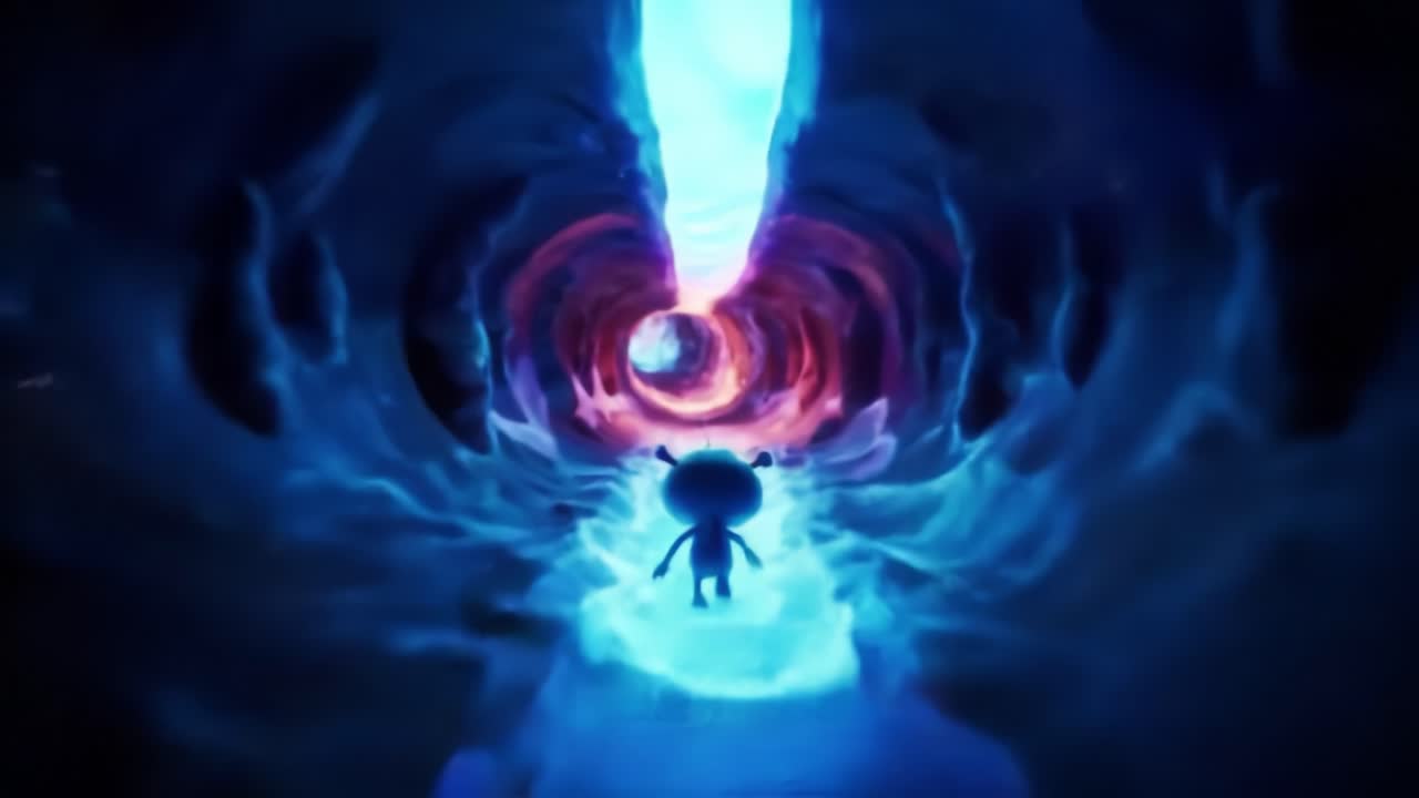 A Journey Through a Mystical Portal: Exploring a Vividly Illuminated Tunnel of Blue Energy and Cosmic Wonders with a Small Character Facing the Unknown