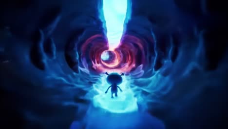 a journey through a mystical portal: exploring a vividly illuminated tunnel of blue energy and cosmic wonders with a small character facing the unknown