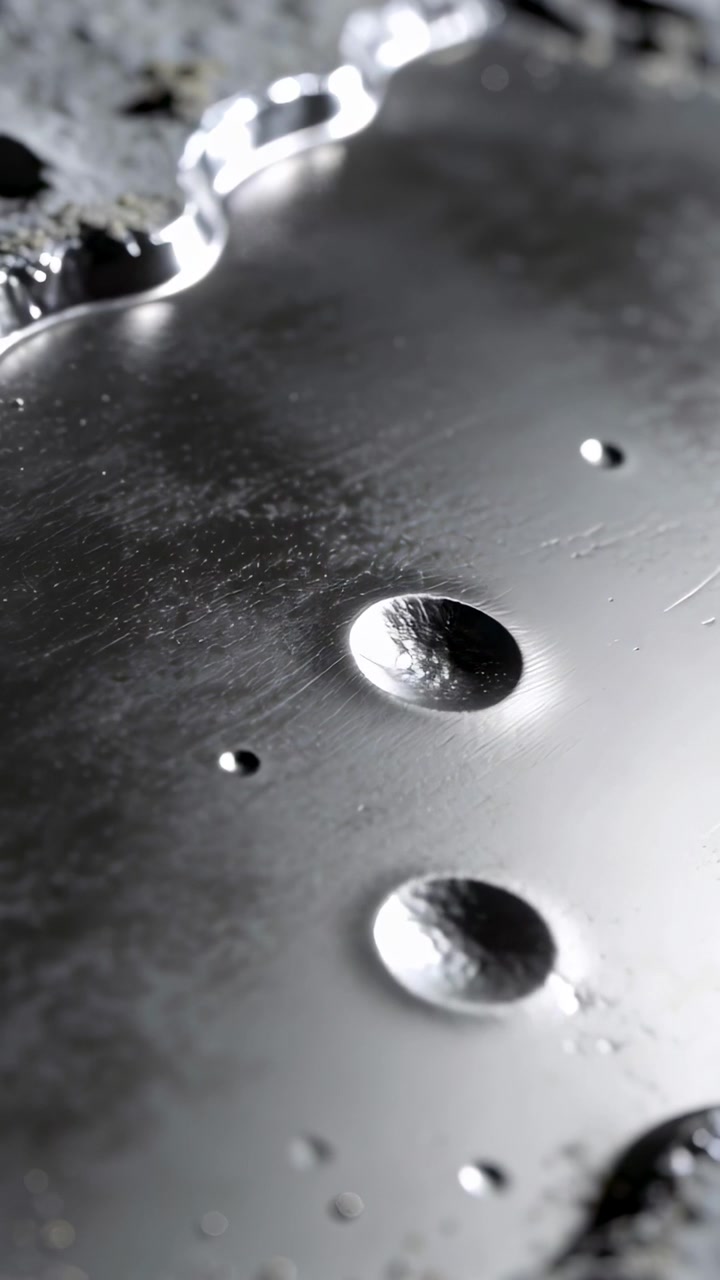 Vertical video: Camera focusing, revealing two droplets on dark panel, capturing branch reflections