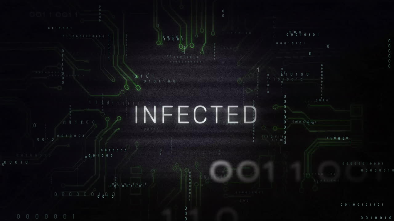 바이너리 코드와 회로판 배경에 감염된 텍스트 애니메이션